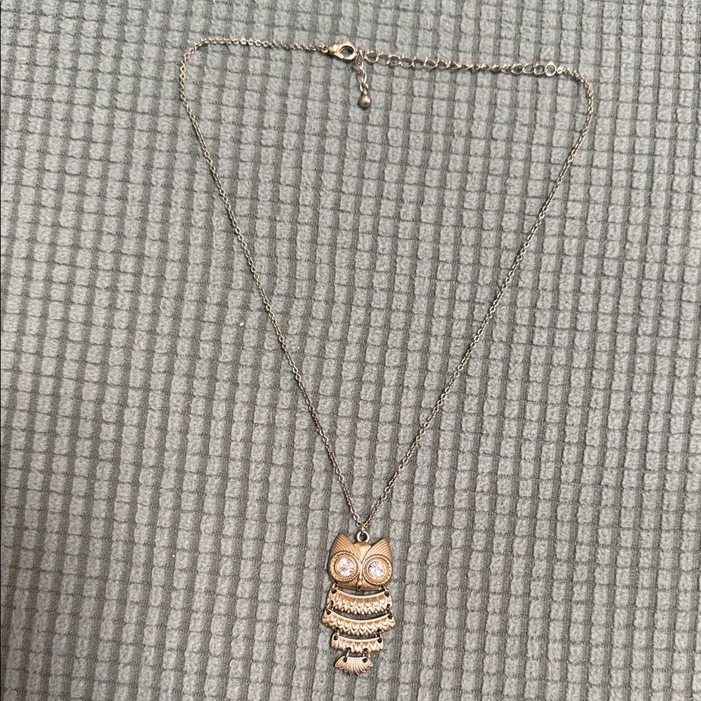 Golden Owl Pendant Necklace 19”L